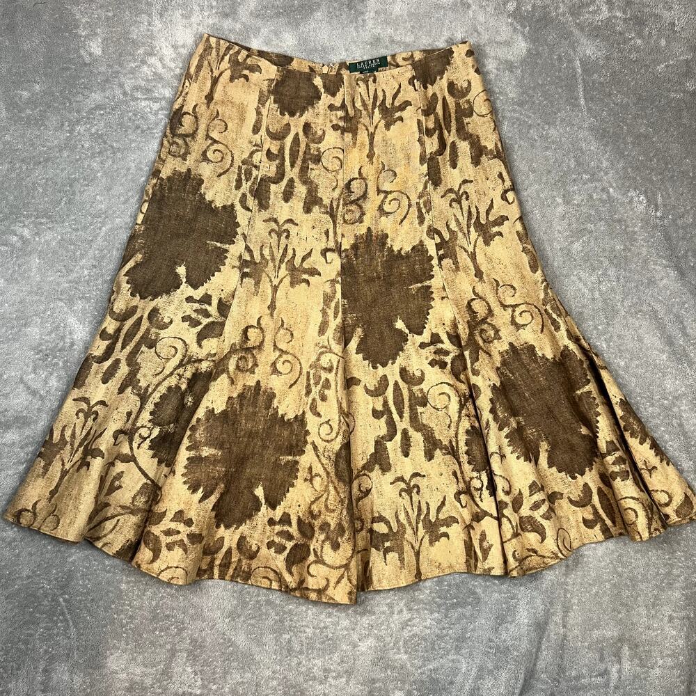 Ralph Lauren Midi Skirt Womens 8P 100% Linen Brown Floral Peasant Boho